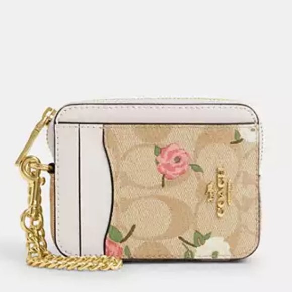 $69 NWT COACH Zip Card Case & Id Signature Canvas Floral - Picture 1 of 3